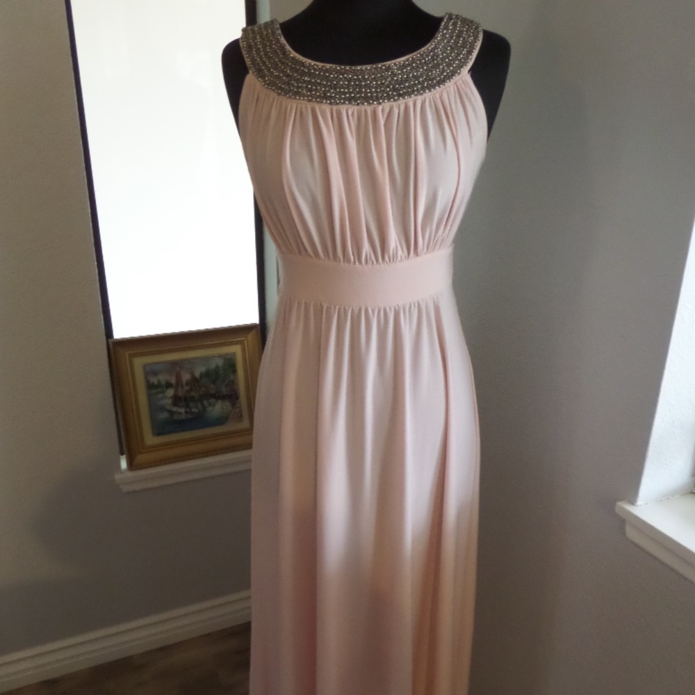 HAANI Sz M PINK Poly Blend Jeweled Neck MAXI DRESS